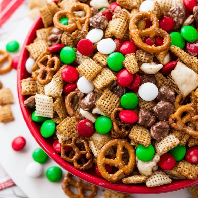 Holiday mix with crunchy Chex, festive candies, and pretzels, coated in a savory, delicious glaze.