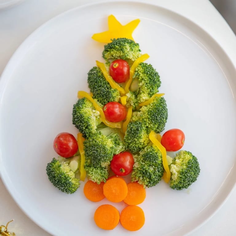 Fresh Broccoli Tree featuring bright red cherry tomatoes for a delicious and visually appealing holiday snack.