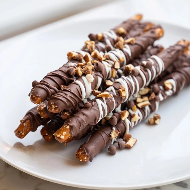 Delicious chocolate covered pretzel stick stacks offer a sweet and salty taste sensation for dessert.