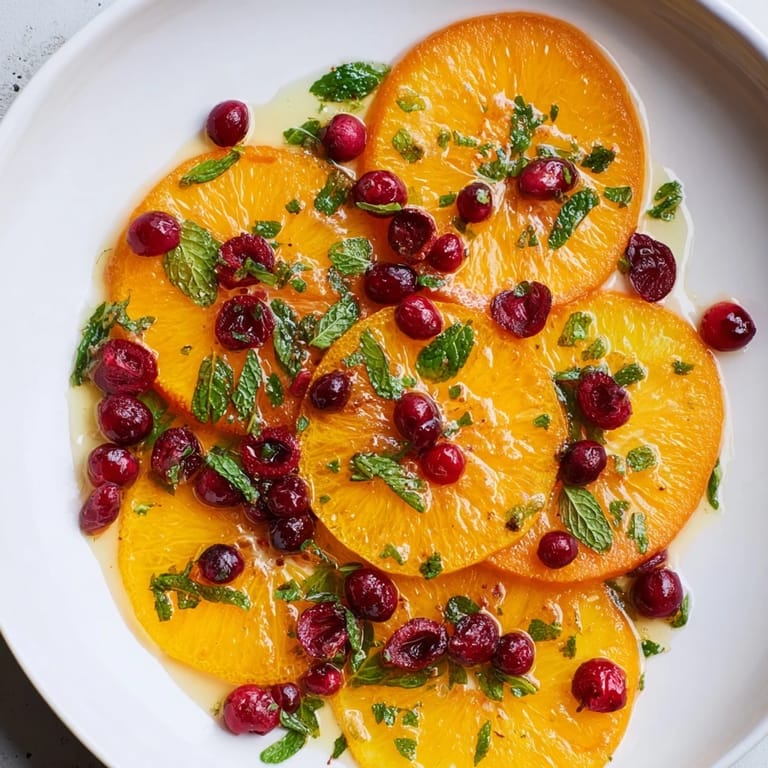 A colorful platter of orange slices and cranberries, a refreshing winter salad side.