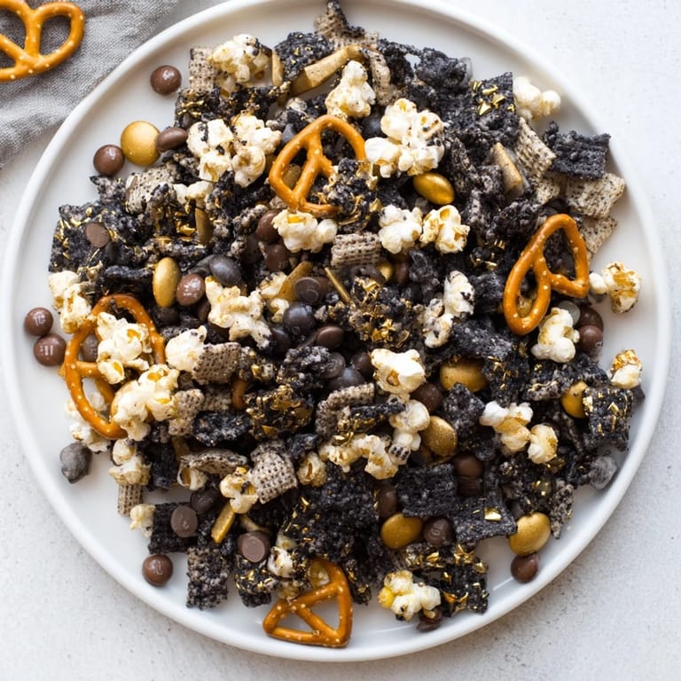 Homemade Gold and Black Midnight Snack Mix, a party favorite with a satisfying mix of textures and deliciousness.