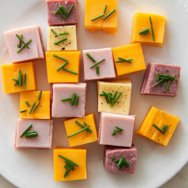Delicious Checkerboard Picnic Bites, showcasing alternating squares of savory meats and colorful cheese, ideal for serving.
