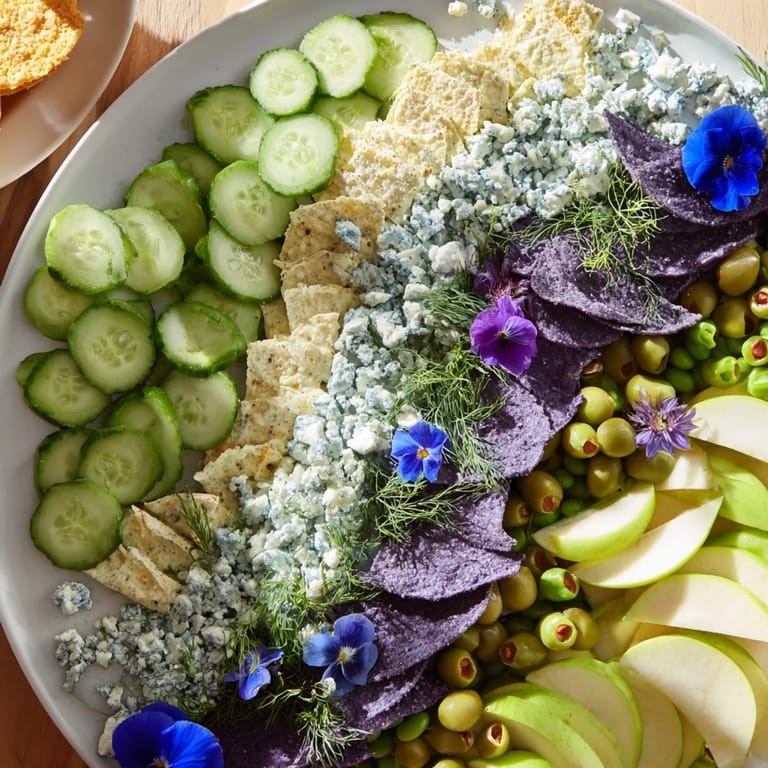 A vibrant Deep Sea Ocean Wave appetizer showcasing blue chips, grapes, and goat cheese, ready to be enjoyed.