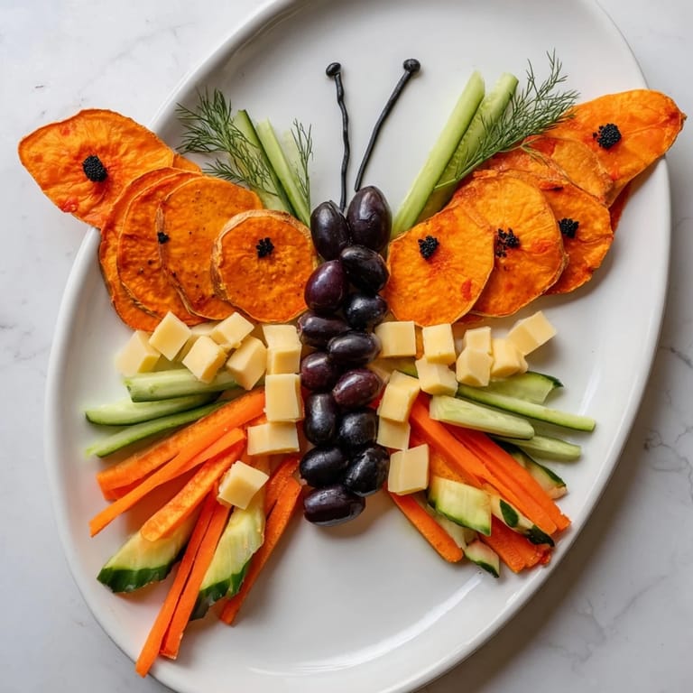 This eye-catching platter of monarch butterfly wings displays roasted sweet potatoes and olives, ready to enjoy.