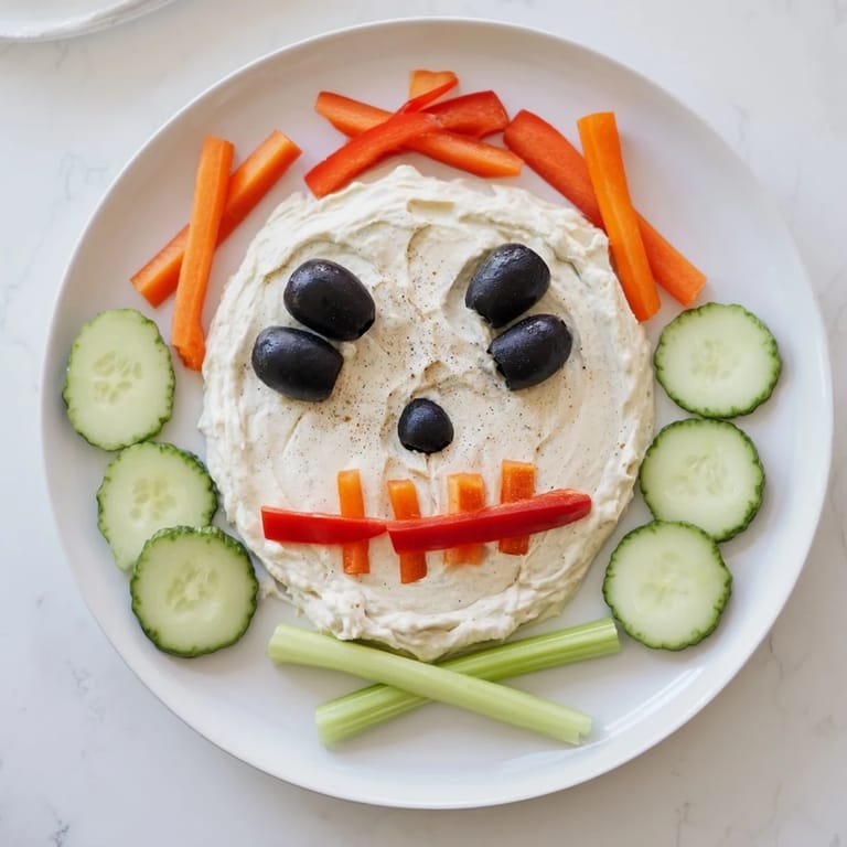 A creamy, haunting skull & bones spooky spread, decorated with colorful vegetable shapes and crossbones.