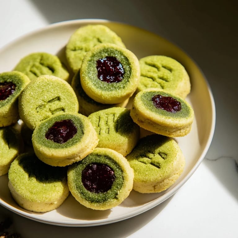 These matcha cranberry shortbread thumbprint cookies display a beautiful arrangement, great for holiday baking.