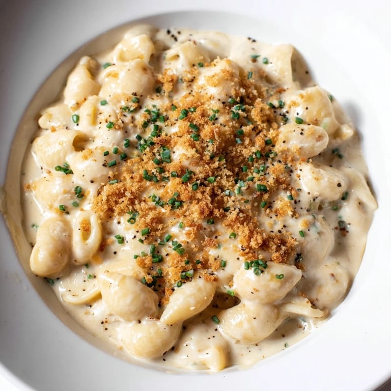 A close-up shot of creamy Cottage Cheese Mac and Cheese, with golden, melted cheese, ready to eat.