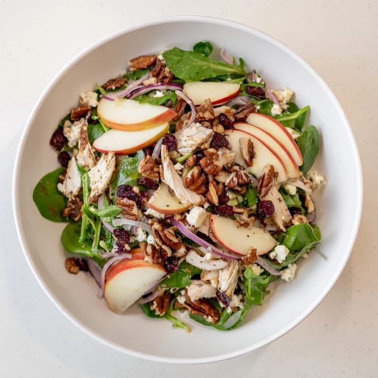 Delicious Chicken and Apple Winter Salad, ready to eat, topped with pecans and a tangy cider dressing.