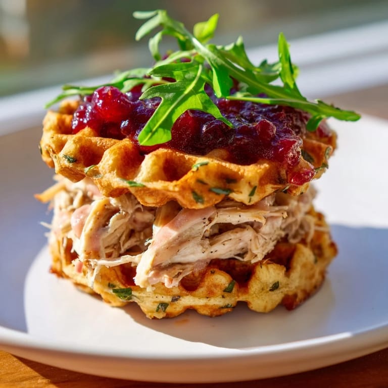 Warm, tender shredded chicken nestled between stuffing waffles with cranberry mayo on these sliders.