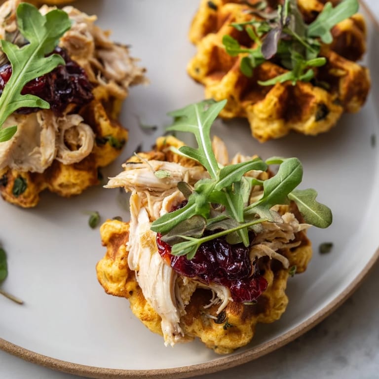 Imagine a close-up of Stuffing Waffle Chicken Sliders: savory, with vibrant garnishes and textures.