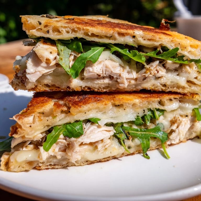 Mouthwatering close-up of a Leftover Pizza Chicken Sandwich, full of chicken and arugula.