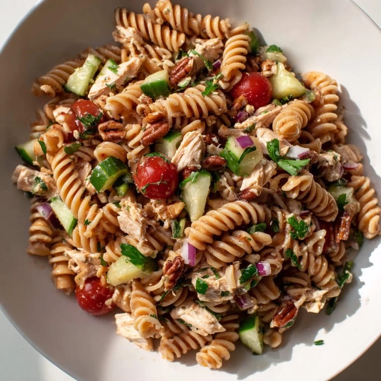 Pasta Salad with Cranberry Vinaigrette showcases a refreshing bite, featuring rotini and colorful vegetables in tangy vinaigrette.