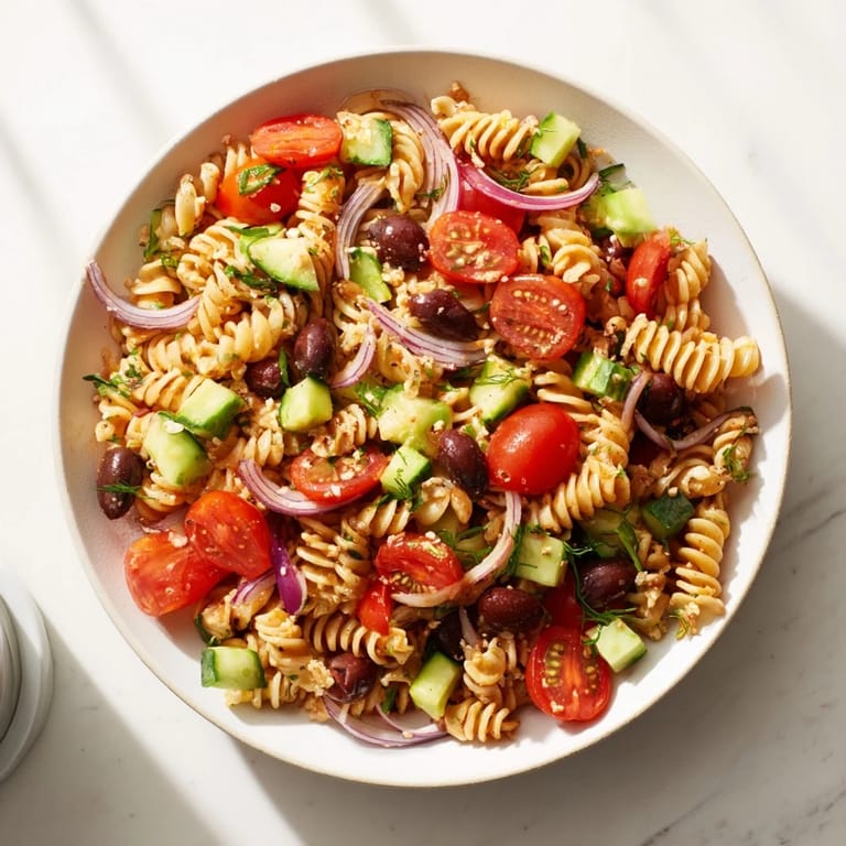 Creamy feta complements the hearty Mediterranean pasta salad with chickpeas; enjoy this vibrant summer meal.