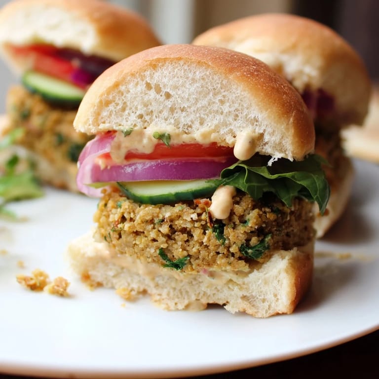 Close-up of crispy baked falafel sliders, piled high with fresh vegetables and creamy tahini sauce.
