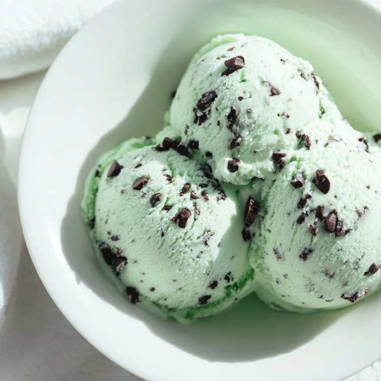 Cool and refreshing bowl of Mint Chocolate Chip Ice Cream, perfect for a hot summer day.