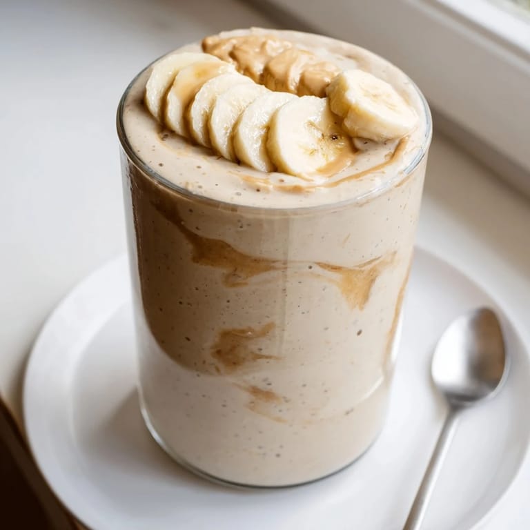 This refreshing peanut butter banana smoothie is a blended treat with visible ice crystals.
