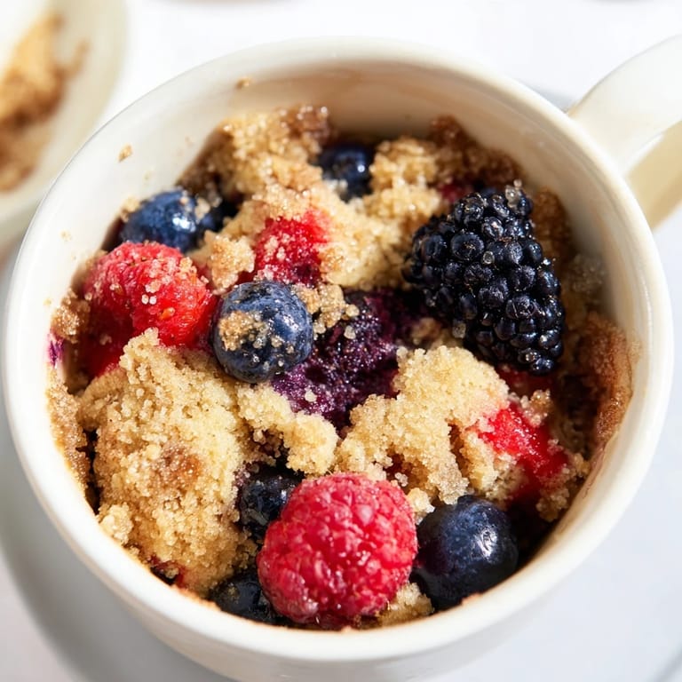 Warm Mixed Berry Cobbler Mug Cake fresh from the microwave, topped with a browned, sweet cobbler crust.