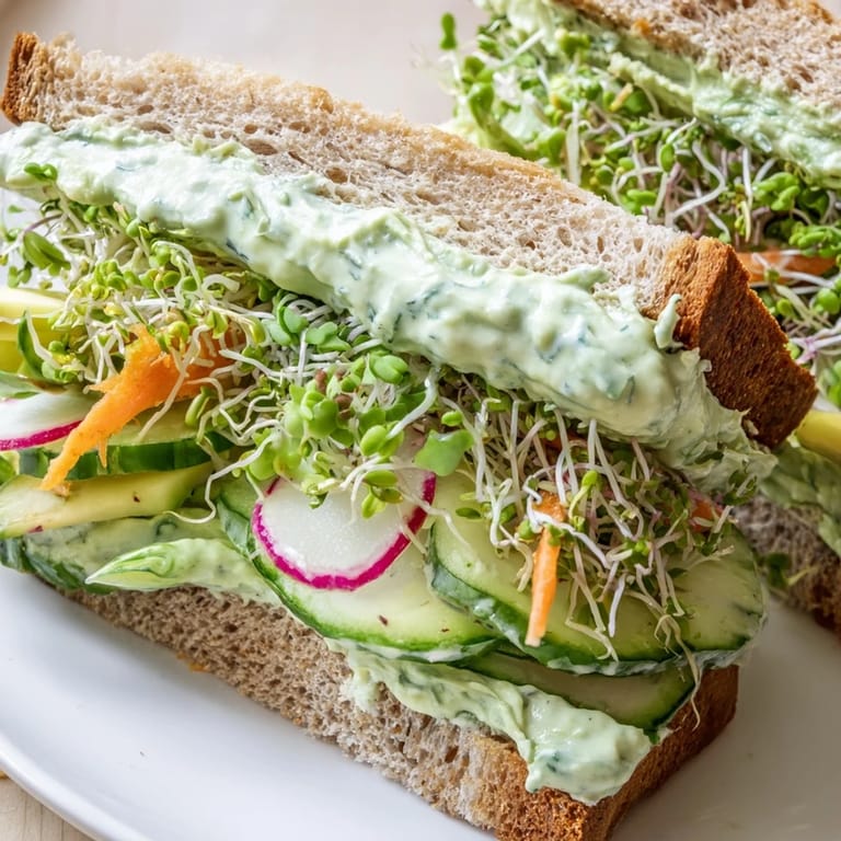 A close-up shot of a delicious Green Goddess Sandwich on sourdough, ready to eat, bursting with color.