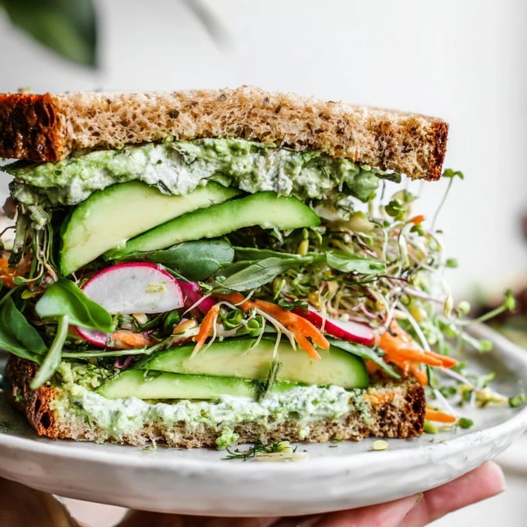 Homemade Green Goddess Sandwich, showing a hearty, layered sandwich with fresh vegetables and creamy spread.