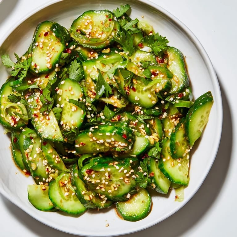 A vibrant bowl of chilled Zesty Shake Cucumber Salad, ready to serve as a refreshing side.