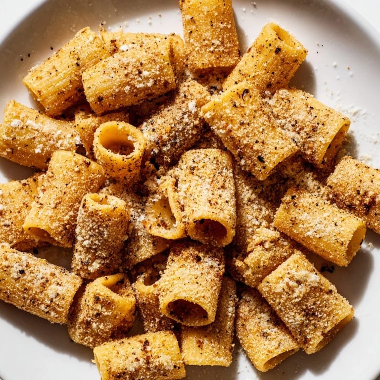 Close-up of crispy Parmesan Pasta Chips, featuring golden shells with visible herbs and spices.
