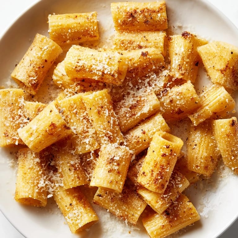 Air-fried Parmesan Pasta Chips, offering a satisfying crunch and savory, cheesy flavor as a snack.