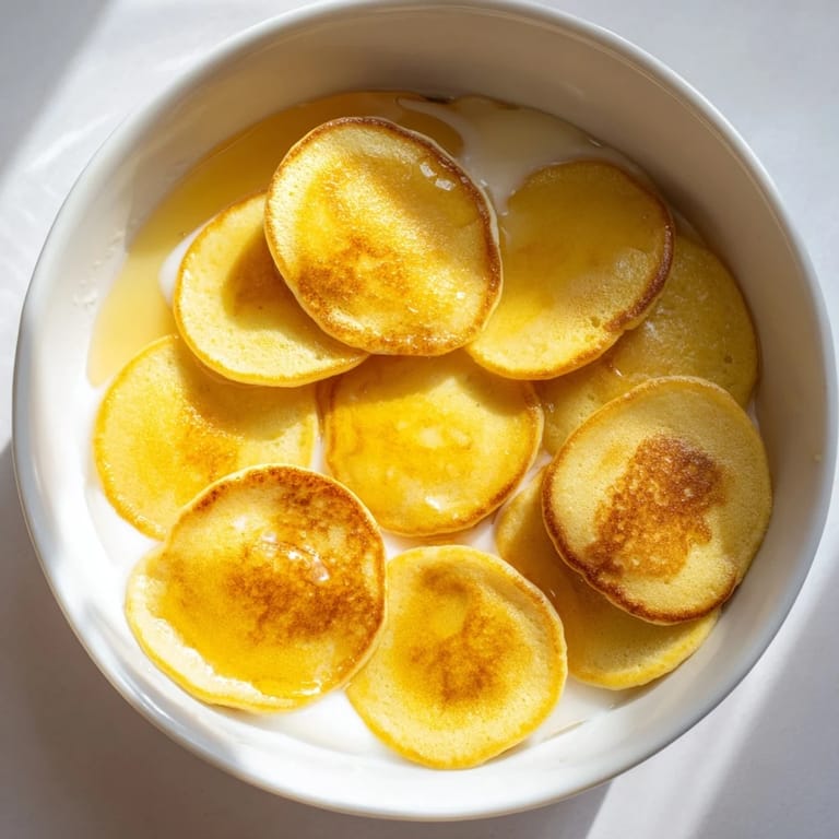 Fluffy Pancake Cereal's adorable tiny pancakes are arranged in a bowl, a tasty American breakfast treat.