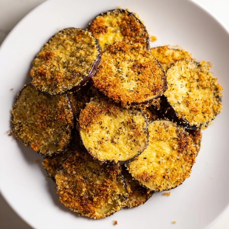 These crunchy Crispy Eggplant Parmesan Chips are lightly coated and baked to a perfect savory crispness.