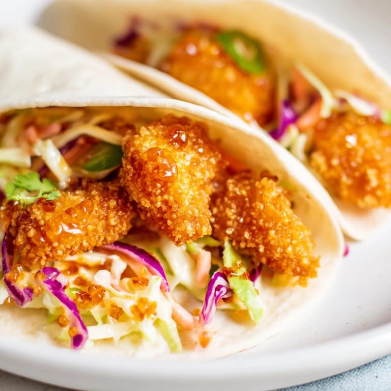 A close-up of delicious Hot Honey Chicken Tacos, showcasing the golden fried chicken and vibrant toppings.