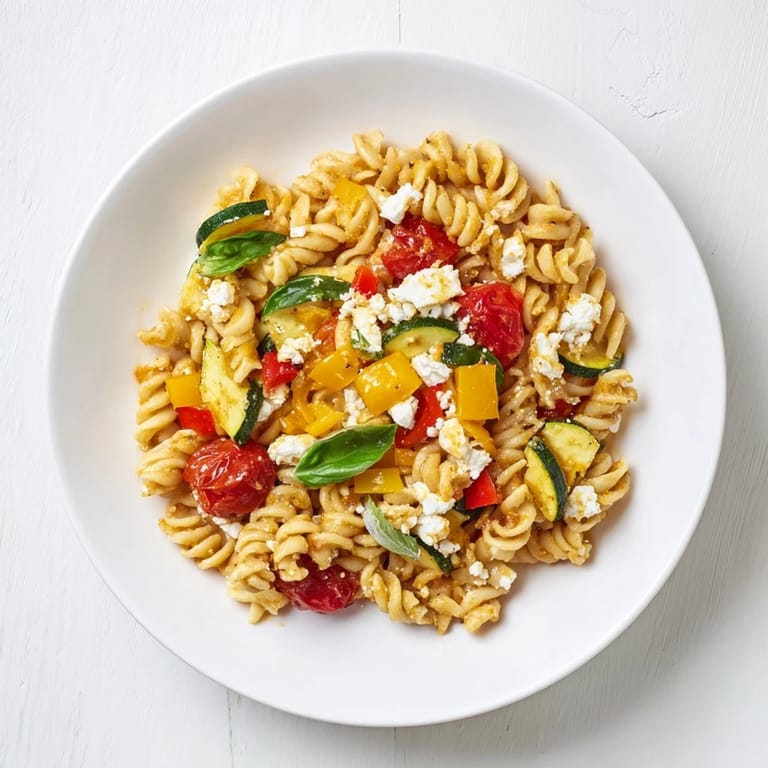 Golden-baked feta pasta, bursting with flavorful roasted tomatoes and zucchini for a healthy meal.