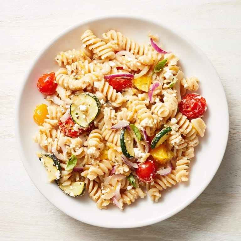 Flavorful baked feta pasta featuring whole grain pasta and fresh basil for a vegetarian delight.