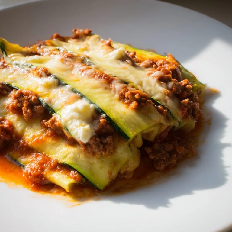 A hearty, one-pan Zucchini Lasagna Skillet, featuring layers of ground beef and creamy ricotta cheese.