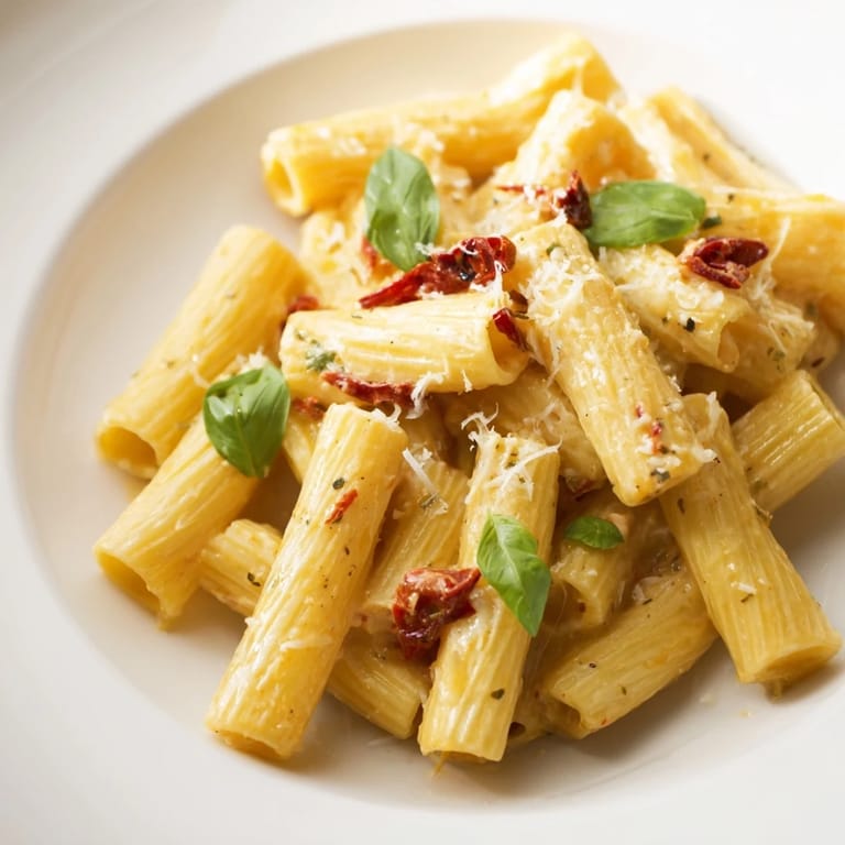 Enjoy a comforting bowl of Italian-American Creamy Sun-Dried Tomato Pasta with garlic and Parmesan.