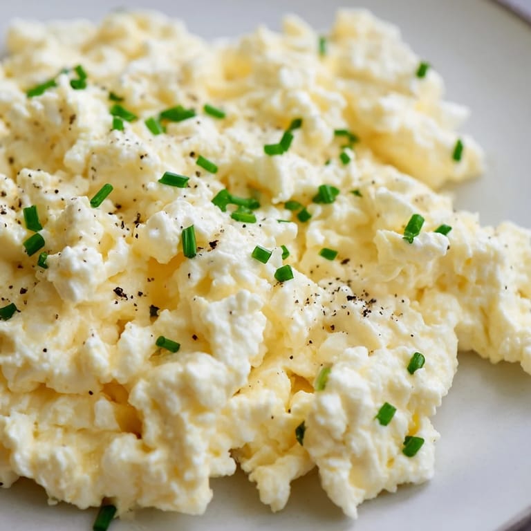Golden, soft Cottage Cheese Scrambled Eggs with a sprinkle of pepper; a simple, delicious meal.