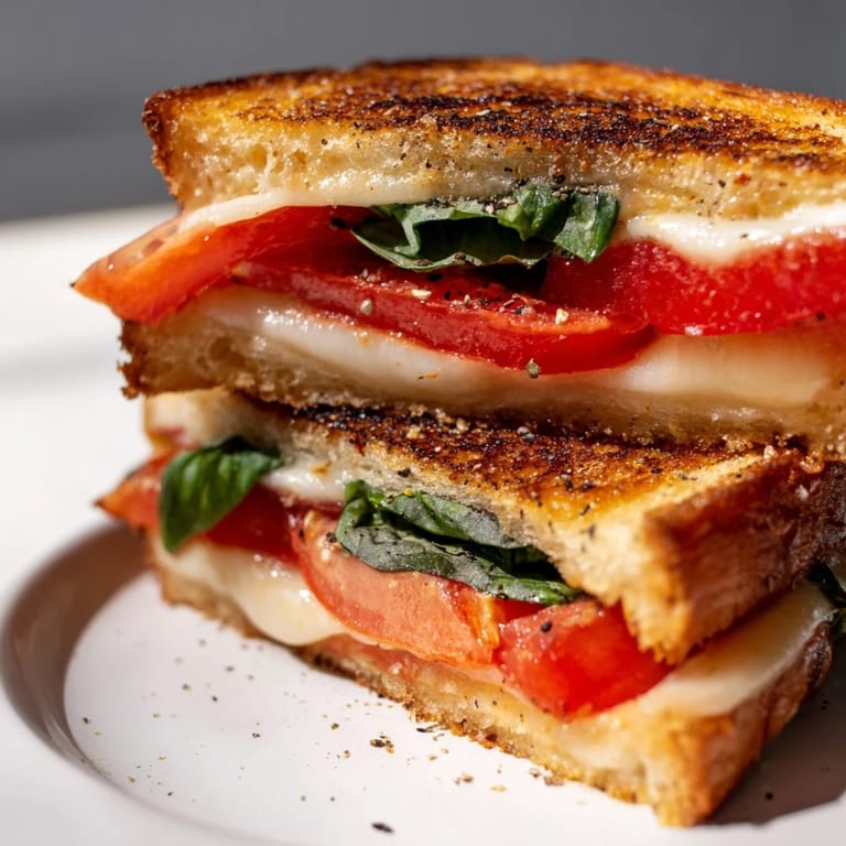 Close-up of a warm, cheesy Tomato Basil Grilled Cheese, showcasing the fresh, vibrant ingredients.