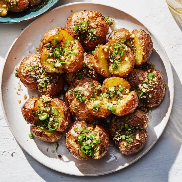 Oven-roasted Smashed Green Onion Potato Bombs, served hot, showcasing perfectly smashed, golden potatoes with fresh toppings.