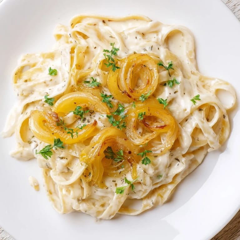 This photo features a steaming bowl of one-pot French onion pasta, ready to warm you up.