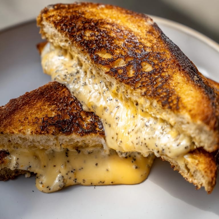This photo shows the decadent Custard French Toast Grilled Cheese cut, with bubbling, cheesy goodness visible.