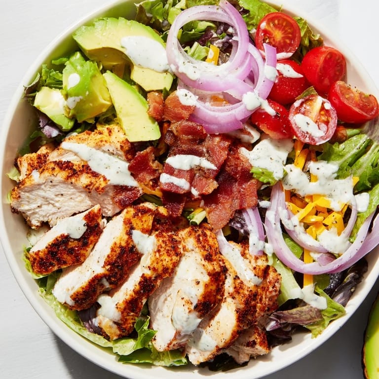 Fresh mixed greens topped with sliced, juicy Crispy Bacon Chicken Salad, a perfect lunch ready!