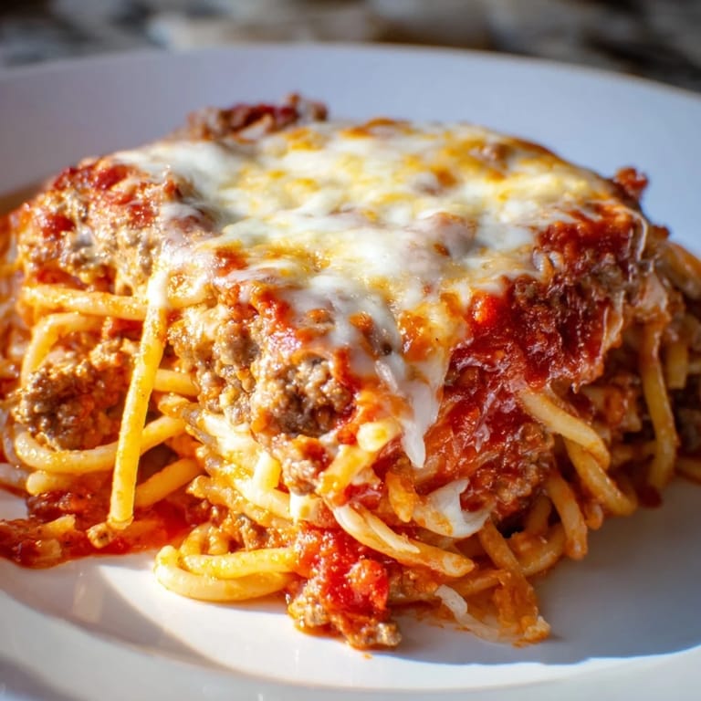 A comforting photo of baked Million Dollar Spaghetti, with layers of rich meat sauce and creamy cheese.