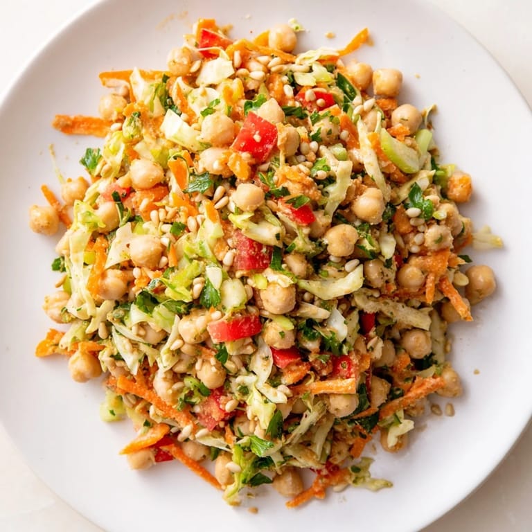 Hearty and flavorful fiber-forward chickpea salad, pictured with a drizzle of creamy tahini dressing, ready to enjoy.