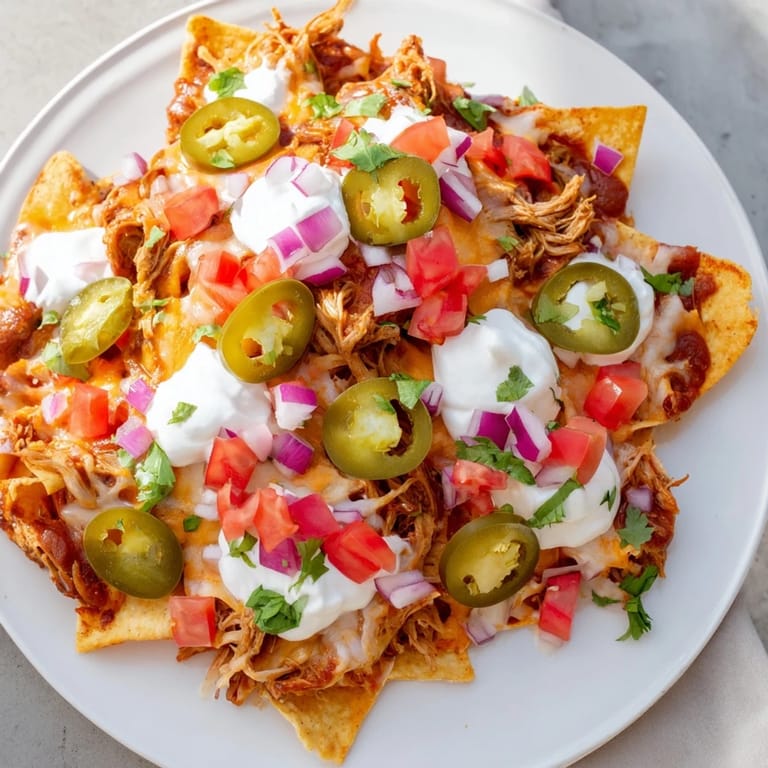 A sizzling platter of Loaded Nachos piled high, showcasing pulled pork, melted cheese, and spicy jalapeños.