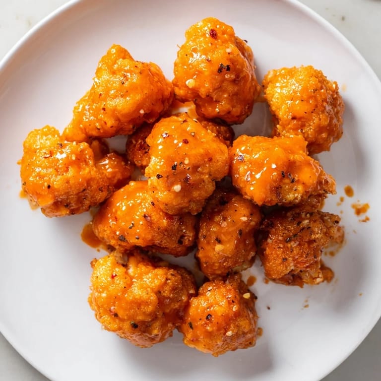 Close-up of vibrant, saucy Buffalo Cauliflower Bites, perfect for game day or any party.