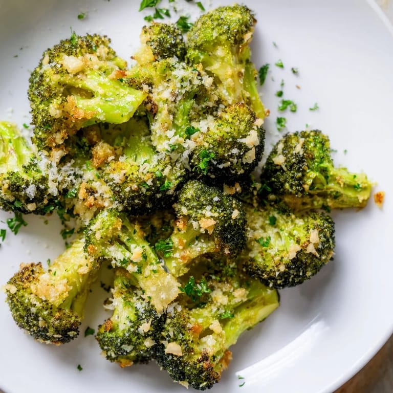 A close-up of delicious Garlic Parmesan Roasted Broccoli, roasted to crisp perfection with Parmesan.