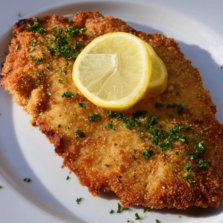 Freshly made Austrian Wiener Schnitzel, complete with a sprinkle of parsley and lemon garnish.