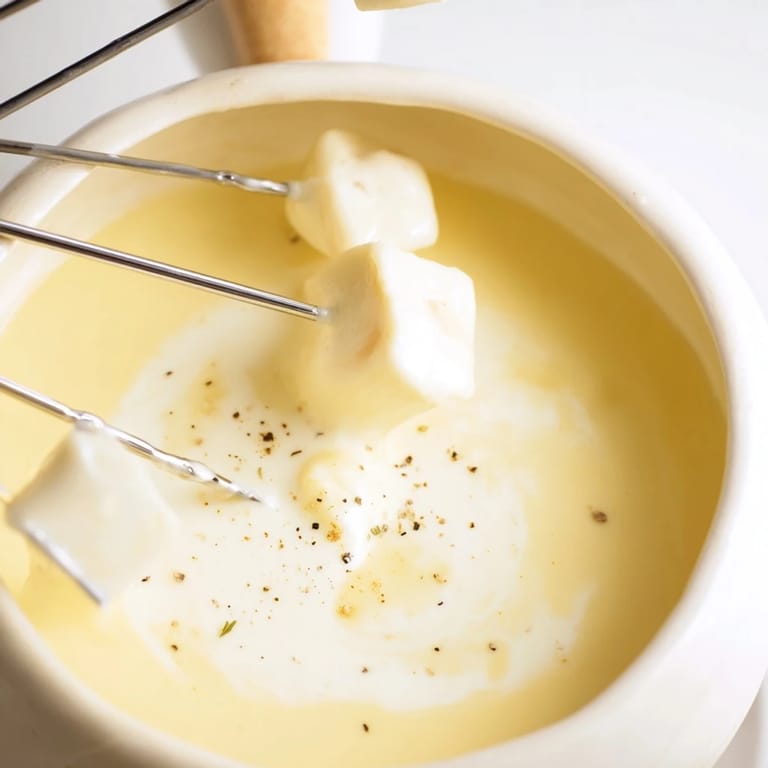 A close-up of a creamy Swiss cheese fondue, highlighting melted cheese texture and aromas.