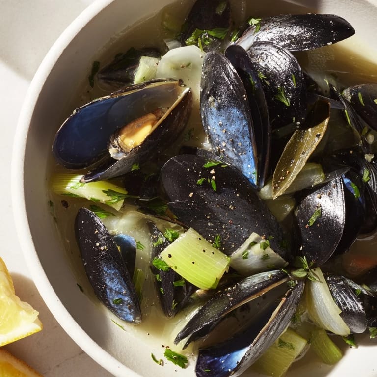 Enjoy a steaming bowl of Belgian Moules Marinière, a savory seafood feast ready in minutes!