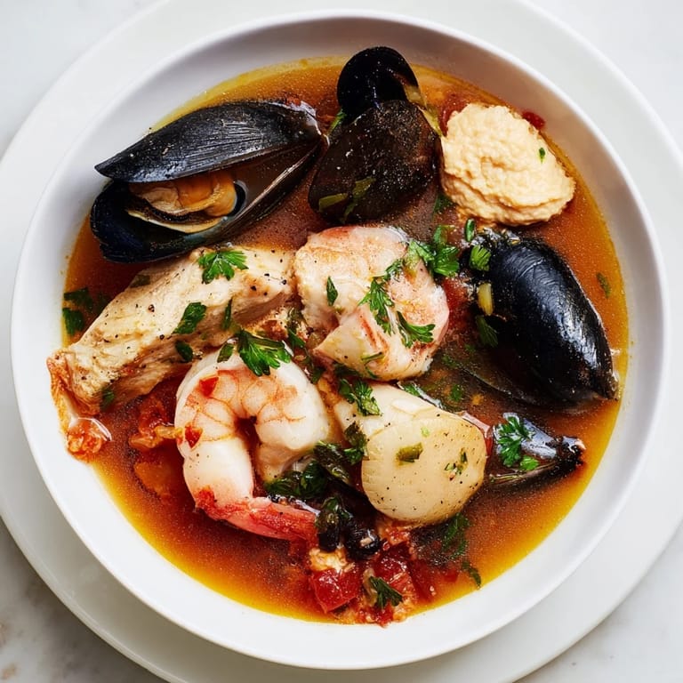 Close-up of a flavorful bouillabaisse, highlighting the vibrant colors of fish, mussels, and herbs.