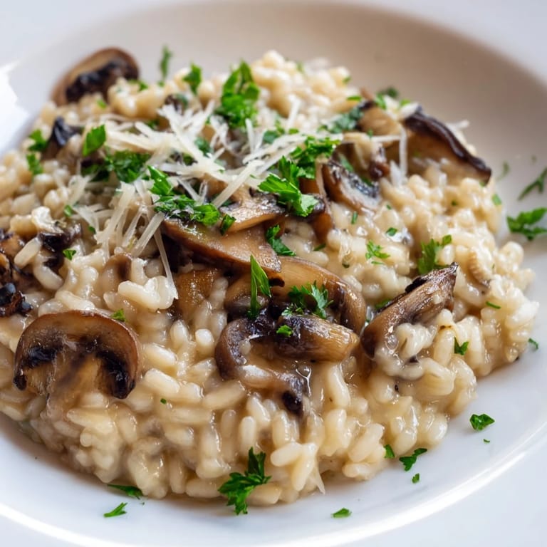 Beautiful plate of Italian Mushroom Risotto, ready to serve and enjoy for a special dinner.