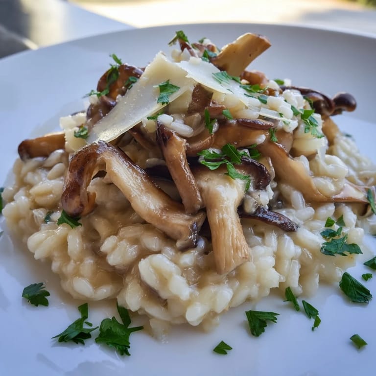 Steaming bowl of Italian Mushroom Risotto: a rich, comforting dish topped with fresh parsley.